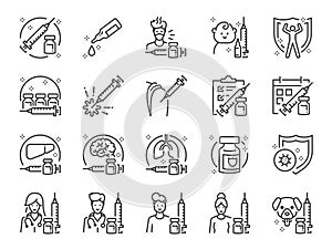 Vaccination line icon set. Included icons as vaccine, inoculation, antivirus, medicine, immune system, immunity,Â prevent diseases